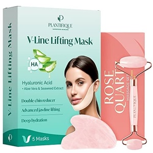 image:imagePLANTIFIQUE Rose Quartz Roller and Gua Sha Set and VLine Double Chin Mask 5 PCS with Hyaluronic Acid